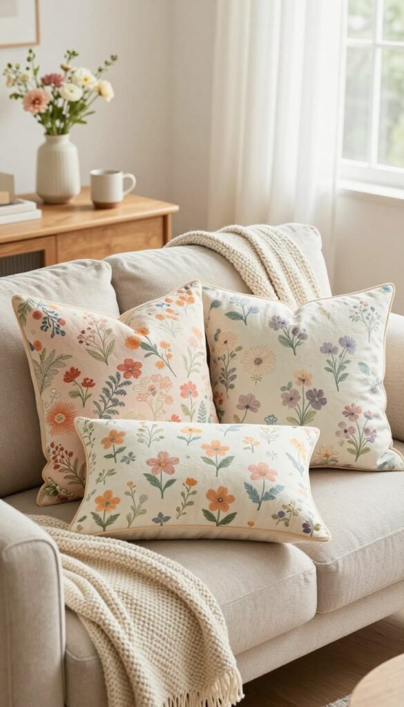 A beautiful arrangement of various pillow covers and lightweight throws artfully displayed in a cozy living room setting. In the foreground, showcase a mix of vibrant floral-patterned pillow covers in soft pastel colors, layered over a neutral, textured couch. Add a lightweight, knitted throw draped casually over the arm of the couch. In the middle ground, include a small wooden coffee table featuring a delicate vase of fresh spring flowers and a stylish ceramic mug, enhancing the seasonal decor theme. The background should depict light, airy curtains allowing soft, natural light to filter in, creating a warm and inviting atmosphere. Use a shallow depth of field to focus on the pillows while softly blurring the background, evoking a Pinterest-style aesthetic synonymous with the CozyTrendHub brand. A beautiful arrangement of various pillow covers and lightweight throws artfully displayed in a cozy living room setting. In the foreground, showcase a mix of vibrant floral-patterned pillow covers in soft pastel colors, layered over a neutral, textured couch. Add a lightweight, knitted throw draped casually over the arm of the couch. In the middle ground, include a small wooden coffee table featuring a delicate vase of fresh spring flowers and a stylish ceramic mug, enhancing the seasonal decor theme. The background should depict light, airy curtains allowing soft, natural light to filter in, creating a warm and inviting atmosphere. Use a shallow depth of field to focus on the pillows while softly blurring the background, evoking a Pinterest-style aesthetic synonymous with the CozyTrendHub brand.