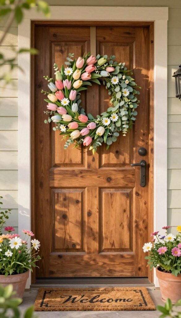 A beautiful assortment of spring wreaths displayed on a rustic wooden door, surrounded by blooming flowers and lush greenery. The foreground features an intricately crafted wreath made of pastel-colored tulips, daisies, and eucalyptus, elegantly hanging on the door. In the middle ground, a charming welcome mat is positioned at the base, complemented by potted plants on either side. The background includes a soft-focus view of a bright, sunny garden, enhancing the cheerful mood. The lighting is warm and inviting, resembling golden hour sunlight, casting gentle shadows. The photo is styled in a cozy, Pinterest-worthy aesthetic, showcasing the essence of spring decor for entryways. Perfect for CozyTrendHub.