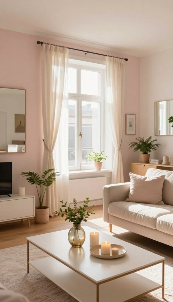 A beautiful, brightly lit apartment interior showcasing light-boosting decor designed for spaces with limited natural sunlight. In the foreground, a stylish, minimalist coffee table adorned with light-colored decor items like candles, faux greenery, and a light-reflective vase. The middle layer features a bright, airy window draped with sheer, light-filtering curtains, framed by soft pastel walls. A few strategically placed mirrors enhance the sense of light. In the background, gentle potted plants and a light-toned sofa create a welcoming atmosphere. Take the shot from a low angle to emphasize the bright, spacious feel of the room, with a warm, inviting glow. Captured in natural daylight, this Pinterest-style image encapsulates the essence of cozy spring living, branded with "CozyTrendHub."
