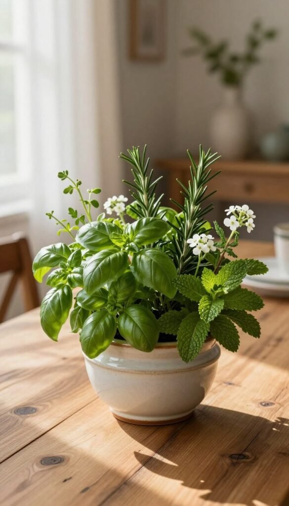A beautiful herb centerpiece for spring featuring an assortment of fragrant herbs like basil, rosemary, and mint arranged in an elegant ceramic planter. The foreground showcases healthy, vibrant green leaves peeking over the rim of the planter, with delicate white flowers scattered among the herbs. In the middle, a rustic wooden dining table sets a warm, inviting atmosphere, with softly glowing natural light filtering through sheer curtains, creating gentle shadows. In the background, hints of an airy, decorated dining space complement the fresh herbs without overwhelming them. This scene radiates warmth and charm, perfect for everyday and special occasions. Captured with a shallow depth of field using a 50mm lens to focus on the herbs while softly blurring the background. Ideal for a spring table decor feature by CozyTrendHub.