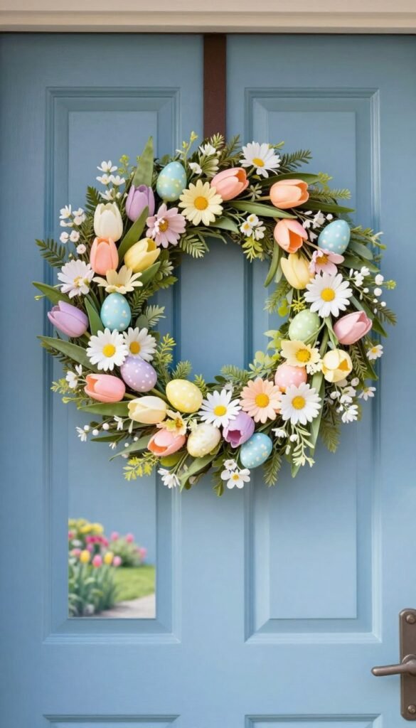 A beautiful, inviting front door adorned with a charming Easter wreath. The wreath is a vibrant mix of pastel colors, featuring delicate faux flowers like tulips and daisies intertwined with soft green foliage. Slightly off-center, a gentle sunlight casts a warm glow, enhancing the colors and creating a cozy atmosphere. The door itself is painted a soft blue, contrasting elegantly with the wreath. In the background, a subtle hint of a well-manicured garden with colorful spring blooms adds depth. Soft focus on the edges directs attention towards the wreath at the center, capturing the essence of affordable and stylish Easter decor under $50, perfect for entryways. The scene reflects a warm, welcoming mood, ideal for "CozyTrendHub". A beautiful, inviting front door adorned with a charming Easter wreath. The wreath is a vibrant mix of pastel colors, featuring delicate faux flowers like tulips and daisies intertwined with soft green foliage. Slightly off-center, a gentle sunlight casts a warm glow, enhancing the colors and creating a cozy atmosphere. The door itself is painted a soft blue, contrasting elegantly with the wreath. In the background, a subtle hint of a well-manicured garden with colorful spring blooms adds depth. Soft focus on the edges directs attention towards the wreath at the center, capturing the essence of affordable and stylish Easter decor under $50, perfect for entryways. The scene reflects a warm, welcoming mood, ideal for "CozyTrendHub".