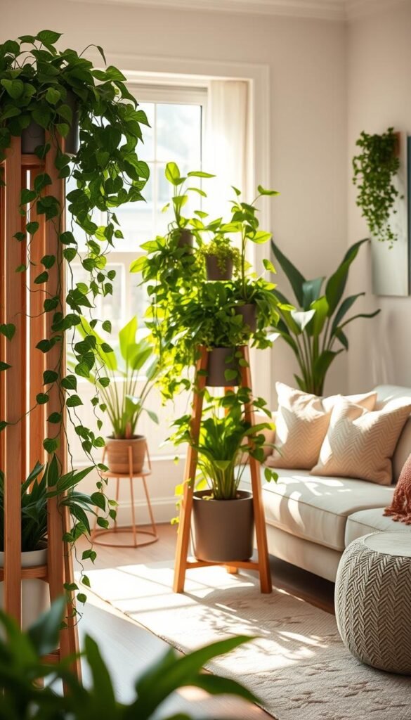 A beautiful, modern indoor plants stand filled with a variety of lush green plants, creating a vibrant display. In the foreground, showcase a tall, elegant plant stand made of natural wood, with cascading vines and leafy plants gracefully arranged on multiple tiers. In the middle ground, soft sunlight streams through a nearby window, creating warm highlights on the foliage, enhancing the greenery's freshness. In the background, a cozy, minimalist living room setting features a soft, neutral-toned sofa adorned with textured cushions, adding to the inviting atmosphere. The scene should evoke a sense of calm and tranquility, perfect for a cozy home. Shot with a wide-angle lens to capture the full arrangement, maintaining a soft focus on the background elements. This image represents the essence of budget-friendly decor. CozyTrendHub.