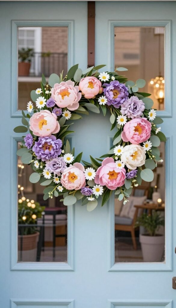 A beautiful, renter-friendly spring wreath designed for small spaces, featuring a mix of pastel-colored flowers like pink peonies, lavender, and dainty white daisies intertwined with lush green eucalyptus leaves. The wreath hangs gracefully on a light blue front door, with soft morning sunlight illuminating the colors, creating a warm and inviting atmosphere. In the background, subtle hints of a cozy urban apartment balcony with potted plants and decorative fairy lights add charm without clutter. The foreground captures the intricate details of the wreath's craftsmanship, showcasing its lightweight materials. The overall mood exudes freshness and seasonal joy, perfect for renters looking to enhance their doorways. Photography style inspired by Pinterest aesthetics, with a slight vignette for focus. Designed for a cozy vibe by CozyTrendHub.