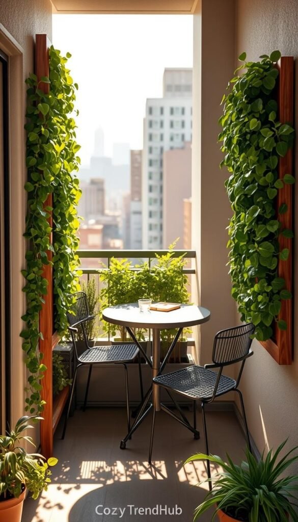 A beautiful small balcony showcasing a vertical planter wall kit by CozyTrendHub, designed for privacy in compact spaces. The foreground features lush green plants cascading down a wooden vertical frame, creating a natural barricade. In the middle, a comfortable bistro table with two stylish chairs invites relaxation, nestled next to the vibrant planters. The background shows a clean urban skyline bathed in warm afternoon sunlight, with soft shadows creating an inviting and cozy atmosphere. Use a wide-angle lens to capture the depth of the small space, emphasizing the vertical planter's height and lush greenery. The scene should evoke tranquility and a sense of escape, ideal for enjoying a peaceful moment outdoors. A beautiful small balcony showcasing a vertical planter wall kit by CozyTrendHub, designed for privacy in compact spaces. The foreground features lush green plants cascading down a wooden vertical frame, creating a natural barricade. In the middle, a comfortable bistro table with two stylish chairs invites relaxation, nestled next to the vibrant planters. The background shows a clean urban skyline bathed in warm afternoon sunlight, with soft shadows creating an inviting and cozy atmosphere. Use a wide-angle lens to capture the depth of the small space, emphasizing the vertical planter's height and lush greenery. The scene should evoke tranquility and a sense of escape, ideal for enjoying a peaceful moment outdoors.
