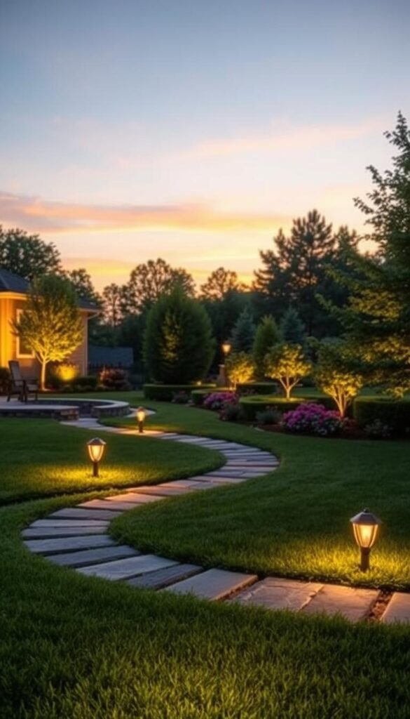 A beautiful summer evening landscape showcasing elegant landscape lighting and uplighting in a polished yard setting, featuring lush green grass and vibrant flower beds. In the foreground, artistic path lights gently illuminate a winding stone walkway, leading to a charming garden. The middle ground reveals strategically placed uplights highlighting mature trees and decorative shrubs, creating a warm and inviting atmosphere. The background captures a serene sunset with soft pastel hues, casting golden reflections on the well-manicured lawn. The ambient lighting adds a magical glow, emphasizing the peaceful and tranquil vibe of the outdoor space. The image is in a Pinterest-style photography format, evoking a sense of cozy refinement, perfectly aligned with the brand CozyTrendHub. A beautiful summer evening landscape showcasing elegant landscape lighting and uplighting in a polished yard setting, featuring lush green grass and vibrant flower beds. In the foreground, artistic path lights gently illuminate a winding stone walkway, leading to a charming garden. The middle ground reveals strategically placed uplights highlighting mature trees and decorative shrubs, creating a warm and inviting atmosphere. The background captures a serene sunset with soft pastel hues, casting golden reflections on the well-manicured lawn. The ambient lighting adds a magical glow, emphasizing the peaceful and tranquil vibe of the outdoor space. The image is in a Pinterest-style photography format, evoking a sense of cozy refinement, perfectly aligned with the brand CozyTrendHub.