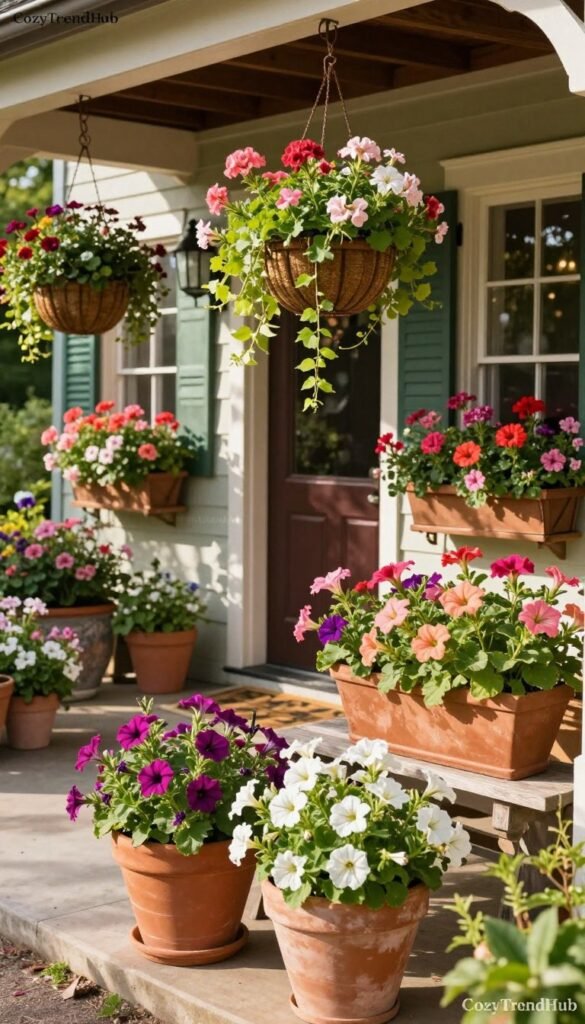 A beautiful summer porch scene showcasing an array of vibrant planters, hanging baskets, and window boxes brimming with colorful flowers. In the foreground, feature terracotta and ceramic planters in various shapes, filled with blooming petunias, geraniums, and trailing vines. The middle ground showcases elegant hanging baskets suspended from a wooden beam, adding depth and lush green greenery. In the background, a charming entryway is adorned with a welcoming door, flanked by window boxes overflowing with cascading blossoms. Soft, natural sunlight filters through, casting gentle shadows and enhancing the vibrant colors of the flowers. The mood is warm and inviting, perfect for summer relaxation. This lifestyle image is styled in a Pinterest-worthy aesthetic, branded with "CozyTrendHub" throughout the scene.