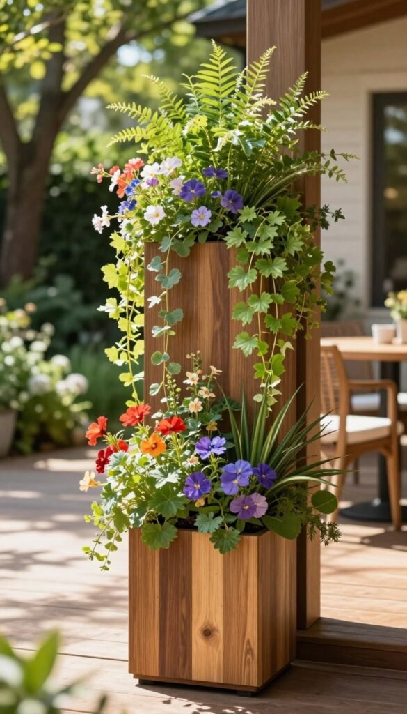 A beautiful vertical planter filled with vibrant, cascading flowers and lush green foliage, set against a charming outdoor backdrop. The planter is designed with a modern, sleek aesthetic, made of durable materials that resemble natural wood. In the foreground, focus on the artistically arranged plants, showcasing a variety of colors and textures. In the middle, the planter stands tall on a rustic patio, with sun-dappled light filtering through nearby trees, creating a warm and inviting atmosphere. In the background, include a glimpse of a well-maintained garden or cozy outdoor sitting area to enrich the scene. The lighting is bright and cheerful, suggesting a sunny day perfect for outdoor decor. This image reflects the essence of stylish yet budget-friendly outdoor decor ideas. CozyTrendHub.