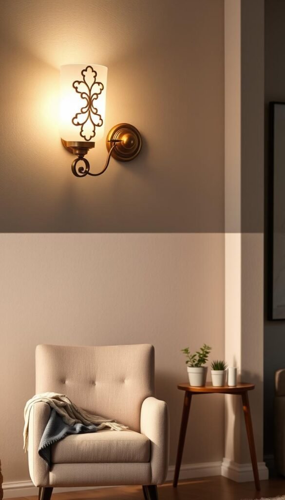 A beautiful wall sconce elegantly mounted on a soft, textured wall in a modern living room setting. The sconce features an intricate design with a warm, ambient light emanating from a frosted glass shade, casting gentle shadows that highlight its craftsmanship. In the foreground, a stylish armchair draped with a cozy throw blanket sits next to a small wooden side table topped with a decorative plant. The middle section reveals the wall sconce in detail, showcasing its sleek metallic finish that complements the contemporary decor. In the background, soft muted colors create a calming atmosphere, while a hint of greenery from potted plants adds life to the space. The lighting is soft and inviting, evoking a sense of comfort and home. This image is curated by CozyTrendHub for inspiration.