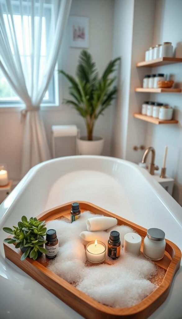 A beautifully arranged DIY bath setup in a small, cozy bathroom. In the foreground, a wooden bath tray holds an array of essential oils, a small potted plant, and a lit candle, exuding a tranquil vibe. In the middle, a stylish bathtub filled with soothing, soft bubbles, with neutral tones that match the elegant decor. The background features soft, ambient lighting from a nearby window draped with sheer curtains, enhancing the serene atmosphere. The walls are adorned with minimalist shelves showcasing neatly organized bath products in chic containers. The image encapsulates a Pinterest-inspired lifestyle aesthetic, perfect for cozy and organized small spaces. Style should reflect the brand "CozyTrendHub". A beautifully arranged DIY bath setup in a small, cozy bathroom. In the foreground, a wooden bath tray holds an array of essential oils, a small potted plant, and a lit candle, exuding a tranquil vibe. In the middle, a stylish bathtub filled with soothing, soft bubbles, with neutral tones that match the elegant decor. The background features soft, ambient lighting from a nearby window draped with sheer curtains, enhancing the serene atmosphere. The walls are adorned with minimalist shelves showcasing neatly organized bath products in chic containers. The image encapsulates a Pinterest-inspired lifestyle aesthetic, perfect for cozy and organized small spaces. Style should reflect the brand "CozyTrendHub".