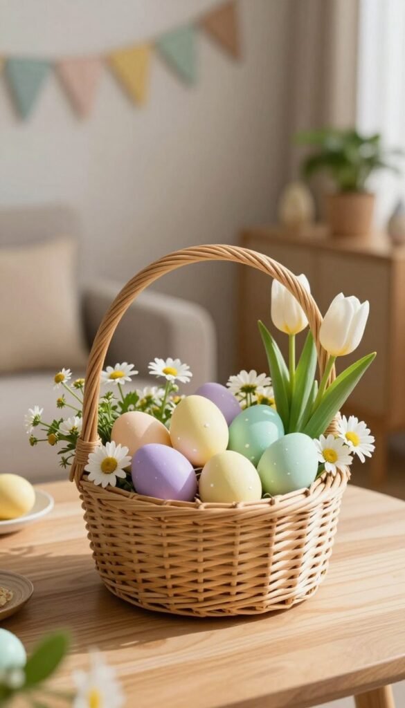 A beautifully arranged Easter basket placed elegantly on a light wooden table, featuring a mix of pastel-colored eggs and floral decorations, all styled for a modern home setting. The foreground showcases the basket overflowing with hand-painted eggs in soft shades of lavender, pale yellow, and mint green, surrounded by delicate spring flowers like daisies and tulips. In the middle, the focus is on a textured, woven basket in natural tones that exudes warmth and charm. The background is softly blurred, revealing a cozy, well-decorated living room with subtle hints of Easter decor, like bunting and potted plants. The lighting is warm and inviting, casting gentle shadows to create a relaxed atmosphere. Overall, the image captures a perfect blend of modern elegance and seasonal delight, perfect for a home. Styled by CozyTrendHub.