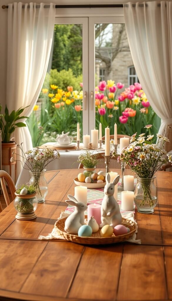 A beautifully arranged Easter decoration scene showcasing a cozy living room by CozyTrendHub. In the foreground, a vintage wooden dining table adorned with pastel-colored eggs, delicate bunny figurines, and spring flowers in charming vases. The middle ground features a stylishly set table with fresh linens, a colorful table runner, and an array of decorative candles casting a warm glow. In the background, a softly lit window draped with sheer curtains reveals a vibrant garden filled with blooming tulips and daffodils. The mood is cheerful and inviting, evoking the spirit of Easter celebrations. The lighting is natural and warm, emulating a late afternoon sun, with a slight depth of field that draws focus on the decor details while offering a glimpse of the lively setting beyond.