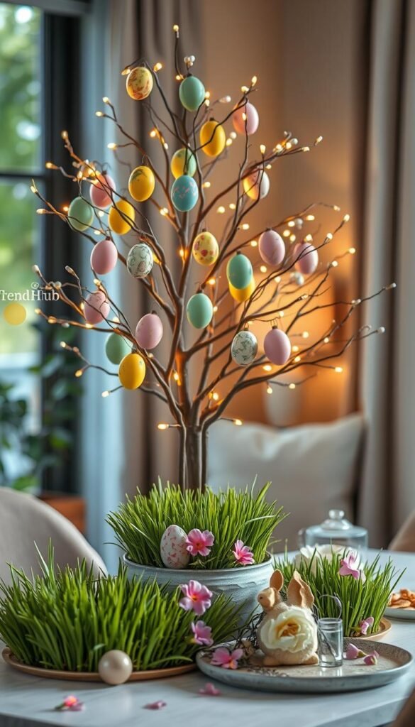 A beautifully arranged Easter egg tree decor, featuring an elegant and whimsical tree adorned with a variety of colorful, intricately painted Easter eggs in pastel shades. The foreground showcases the tree, which is delicately lit with soft, warm fairy lights, casting a magical glow. In the middle ground, a tastefully decorated table displays elegant faux grass and seasonal flowers, enhancing the festive mood. The background features a softly blurred interior setting, with hints of spring foliage peeking through a window. This Pinterest-style lifestyle image, captured with a soft focus lens to create a dreamy atmosphere, evokes a sense of warmth and joy. Display the brand name "CozyTrendHub" subtly integrated into the decor.