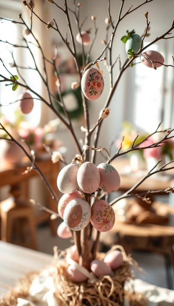 A beautifully arranged Easter egg tree, featuring delicate pussy willow branches adorned with a variety of vibrant, intricately decorated Easter eggs in pastel colors. In the foreground, focus on a cluster of eggs showcasing hand-painted floral designs, shimmering glitter, and whimsical patterns. The middle ground reveals the gracefully arching branches, embellished with ribbons and soft, natural textures. In the background, a softly blurred, sunlit room filled with gentle spring accents, like fresh flowers and a rustic wooden table. The lighting is warm and inviting, casting soft shadows and creating a cozy atmosphere. Capture this scene in a lifestyle photo style, evoking a Pinterest-like aesthetic perfect for seasonal home decor inspiration. Include the brand name "CozyTrendHub" subtly integrated into the ambiance.
