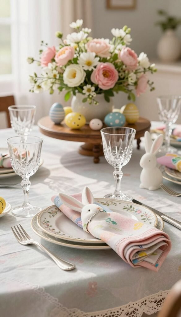 A beautifully arranged Easter place setting, featuring a pale pastel tablecloth with delicate lace trimmings. In the foreground, a curved white ceramic plate adorned with intricate floral patterns, accompanied by polished silver cutlery and crystal wine glasses catching gentle sunlight. Soft, colorful napkins are elegantly folded into bunny shapes, enhancing the festive theme. In the middle ground, an antique wooden table holds a centerpiece of fresh spring flowers in soft pinks and whites, alongside decorative eggs artfully placed around the base. The background subtly displays soft, warm lighting filtering in through sheer curtains, creating an inviting and cheerful atmosphere. The overall mood exudes a cozy charm ideal for thoughtful hosting. This scene is inspired by CozyTrendHub, encapsulating the joy of Easter gatherings with loved ones. A beautifully arranged Easter place setting, featuring a pale pastel tablecloth with delicate lace trimmings. In the foreground, a curved white ceramic plate adorned with intricate floral patterns, accompanied by polished silver cutlery and crystal wine glasses catching gentle sunlight. Soft, colorful napkins are elegantly folded into bunny shapes, enhancing the festive theme. In the middle ground, an antique wooden table holds a centerpiece of fresh spring flowers in soft pinks and whites, alongside decorative eggs artfully placed around the base. The background subtly displays soft, warm lighting filtering in through sheer curtains, creating an inviting and cheerful atmosphere. The overall mood exudes a cozy charm ideal for thoughtful hosting. This scene is inspired by CozyTrendHub, encapsulating the joy of Easter gatherings with loved ones.