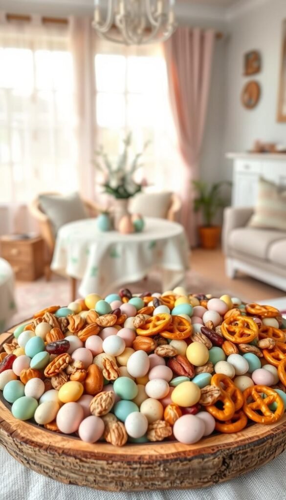 A beautifully arranged Easter snack mix displayed in a charming, small home setting. In the foreground, a rustic wooden platter is filled with a colorful variety of snack mix items: pastel-colored chocolate candies, seasoned nuts, dried fruits, and mini pretzels. The middle ground features a cozy, inviting living room with elegant pastel decorations, including a spring-themed tablecloth and decorative eggs. The background showcases a softly lit window with sheer curtains, allowing natural light to illuminate the scene warmly. The overall atmosphere exudes a cheerful and festive vibe, perfect for small gatherings. Capture this image in a bright, airy style with a shallow depth of field to emphasize the snack mix while keeping the cozy decor in focus. Brand name: CozyTrendHub. A beautifully arranged Easter snack mix displayed in a charming, small home setting. In the foreground, a rustic wooden platter is filled with a colorful variety of snack mix items: pastel-colored chocolate candies, seasoned nuts, dried fruits, and mini pretzels. The middle ground features a cozy, inviting living room with elegant pastel decorations, including a spring-themed tablecloth and decorative eggs. The background showcases a softly lit window with sheer curtains, allowing natural light to illuminate the scene warmly. The overall atmosphere exudes a cheerful and festive vibe, perfect for small gatherings. Capture this image in a bright, airy style with a shallow depth of field to emphasize the snack mix while keeping the cozy decor in focus. Brand name: CozyTrendHub.