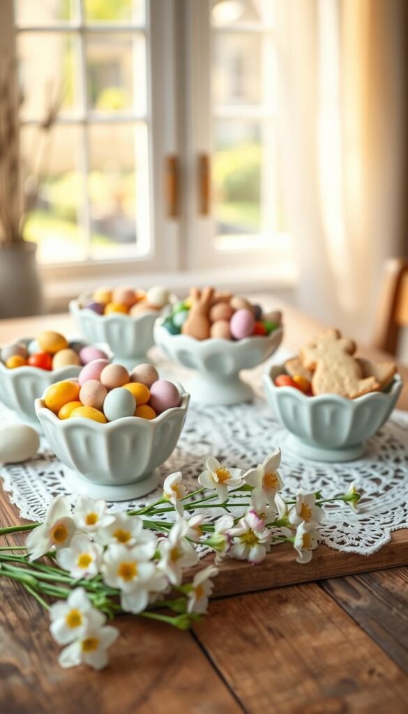A beautifully arranged Easter snack serving displayed on a rustic wooden table with a cozy ambiance, featuring pastel-colored ceramic bowls filled with a variety of Easter-themed treats such as chocolate eggs, colorful jellybeans, and homemade cookies shaped like bunnies and flowers. In the foreground, delicate spring flowers in soft hues are artfully placed next to the snacks. The middle ground showcases a charming white tablecloth that enhances the festive spirit, while in the background, a softly glowing window allows natural light to stream in, casting a warm, inviting atmosphere. This Pinterest-style lifestyle photo is designed to convey a sense of joy and intimacy, perfect for small spaces, while reflecting the essence of spring. CozyTrendHub. A beautifully arranged Easter snack serving displayed on a rustic wooden table with a cozy ambiance, featuring pastel-colored ceramic bowls filled with a variety of Easter-themed treats such as chocolate eggs, colorful jellybeans, and homemade cookies shaped like bunnies and flowers. In the foreground, delicate spring flowers in soft hues are artfully placed next to the snacks. The middle ground showcases a charming white tablecloth that enhances the festive spirit, while in the background, a softly glowing window allows natural light to stream in, casting a warm, inviting atmosphere. This Pinterest-style lifestyle photo is designed to convey a sense of joy and intimacy, perfect for small spaces, while reflecting the essence of spring. CozyTrendHub.