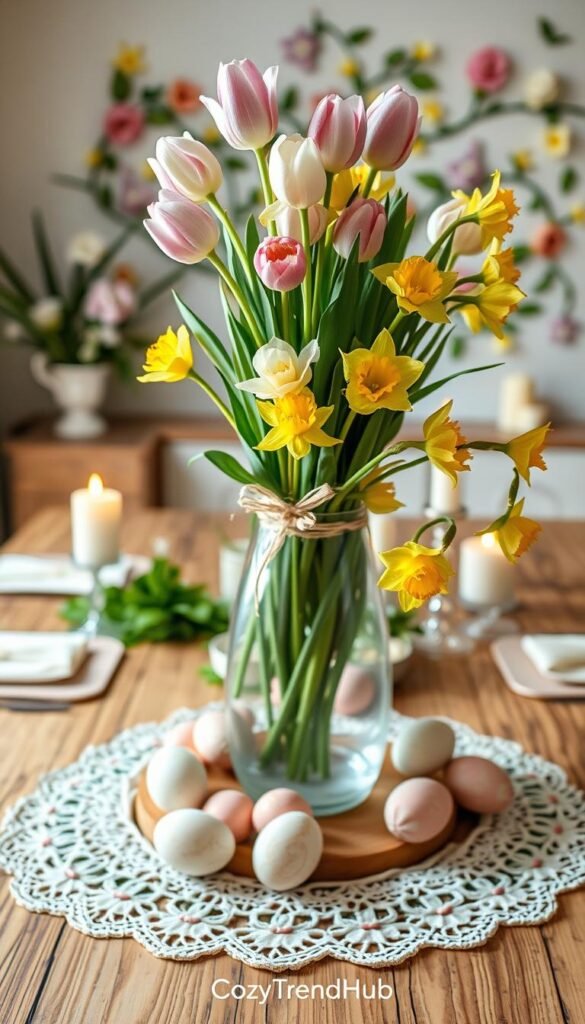 A beautifully arranged Easter table centerpiece, featuring a pastel color palette of soft pinks, yellows, and greens. In the foreground, a large, delicate vase holds a bouquet of fresh tulips and daffodils, complemented by intricately designed Easter eggs scattered artfully around the base. The middle ground showcases a rustic wooden table adorned with a white lace tablecloth and elegant placemats. A subtle shimmer of candlelight from soft, flickering candles adds warmth to the scene. In the background, a spring-themed wall decoration with seasonal motifs enhances the festive atmosphere. The lighting is bright, yet soft, creating an inviting and cheerful ambiance. Capture this in a Pinterest-style, cozy yet stylish home decor look, branded with "CozyTrendHub".