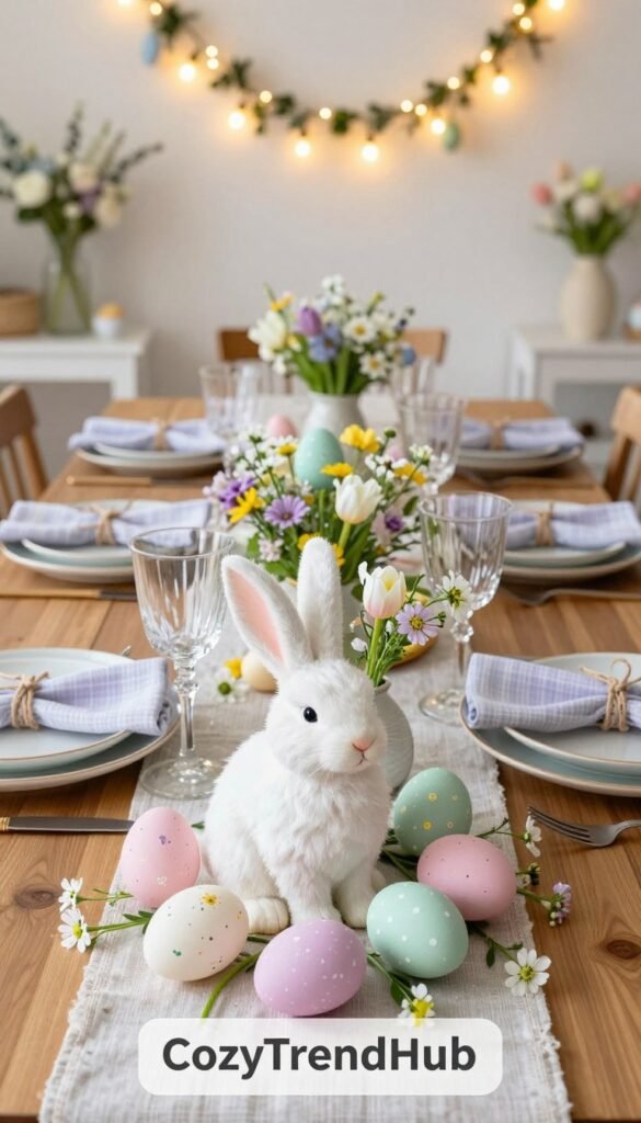A beautifully arranged Easter table centerpiece featuring an array of pastel-colored decorations. In the foreground, a whimsical white bunny sits among an assortment of decorative eggs in soft pink, mint green, and lavender hues, surrounded by delicate wildflowers. The middle section showcases a well-set table with charming, mismatched ceramic plates, elegant glassware, and cheerful napkins tied with twine. In the background, a softly lit room adorned with spring-themed garlands and fairy lights adds warmth to the atmosphere. The lighting is bright yet warm, enhancing the cozy, inviting feel of a family-friendly gathering. This image reflects a Pinterest-inspired, stylish aesthetic, perfect for "CozyTrendHub." A beautifully arranged Easter table centerpiece featuring an array of pastel-colored decorations. In the foreground, a whimsical white bunny sits among an assortment of decorative eggs in soft pink, mint green, and lavender hues, surrounded by delicate wildflowers. The middle section showcases a well-set table with charming, mismatched ceramic plates, elegant glassware, and cheerful napkins tied with twine. In the background, a softly lit room adorned with spring-themed garlands and fairy lights adds warmth to the atmosphere. The lighting is bright yet warm, enhancing the cozy, inviting feel of a family-friendly gathering. This image reflects a Pinterest-inspired, stylish aesthetic, perfect for "CozyTrendHub."