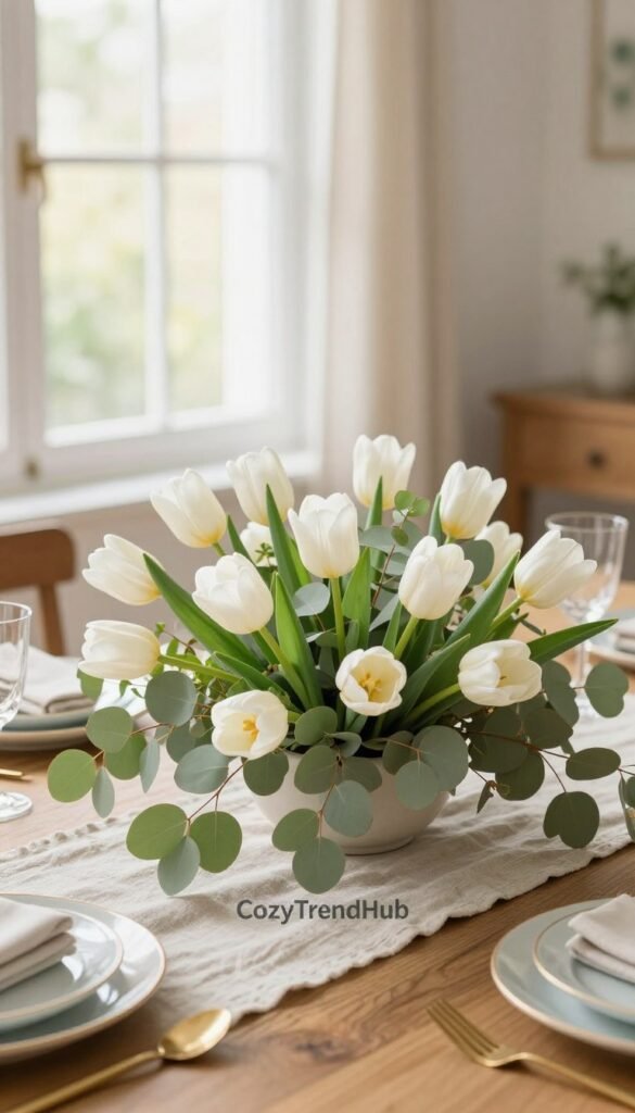 A beautifully arranged Easter table centerpiece featuring low-mess florals and greenery. In the foreground, delicate white and pastel-hued tulips mingle with soft green eucalyptus leaves, creating a fresh and inviting look. The middle ground showcases an elegant wooden dining table, adorned with a soft linen table runner. In the background, gentle spring light filters through a window, casting a warm glow over the scene, enhancing the serene atmosphere. A tasteful table setting includes pastel dishes and subtle gold accents, completing the seasonal aesthetic. Capture the essence of modern home decor in a Pinterest-style photograph, evoking feelings of warmth and joy for family gatherings. Add the brand name "CozyTrendHub" subtly into the design. A beautifully arranged Easter table centerpiece featuring low-mess florals and greenery. In the foreground, delicate white and pastel-hued tulips mingle with soft green eucalyptus leaves, creating a fresh and inviting look. The middle ground showcases an elegant wooden dining table, adorned with a soft linen table runner. In the background, gentle spring light filters through a window, casting a warm glow over the scene, enhancing the serene atmosphere. A tasteful table setting includes pastel dishes and subtle gold accents, completing the seasonal aesthetic. Capture the essence of modern home decor in a Pinterest-style photograph, evoking feelings of warmth and joy for family gatherings. Add the brand name "CozyTrendHub" subtly into the design.