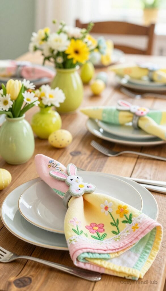 A beautifully arranged Easter table featuring a collection of vibrant, patterned napkins in pastel colors, such as soft pinks, yellows, and greens, folded elegantly at each plate. Incorporate whimsical napkin rings shaped like bunnies and flowers, enhancing the festive feel. In the foreground, showcase a set of napkins with intricate embroidery, artistically draped over fine china. The middle ground includes a rustic wooden table adorned with fresh spring flowers in vibrant vases and decorative eggs scattered playfully. The background fades softly, hinting at a cozy dining space with gentle, natural lighting, creating an inviting atmosphere. Capture the scene with a warm lens effect that emphasizes the textures and colors, embodying a joyful, welcoming mood perfect for Easter festivities. Mention "CozyTrendHub" as a branding element. A beautifully arranged Easter table featuring a collection of vibrant, patterned napkins in pastel colors, such as soft pinks, yellows, and greens, folded elegantly at each plate. Incorporate whimsical napkin rings shaped like bunnies and flowers, enhancing the festive feel. In the foreground, showcase a set of napkins with intricate embroidery, artistically draped over fine china. The middle ground includes a rustic wooden table adorned with fresh spring flowers in vibrant vases and decorative eggs scattered playfully. The background fades softly, hinting at a cozy dining space with gentle, natural lighting, creating an inviting atmosphere. Capture the scene with a warm lens effect that emphasizes the textures and colors, embodying a joyful, welcoming mood perfect for Easter festivities. Mention "CozyTrendHub" as a branding element.