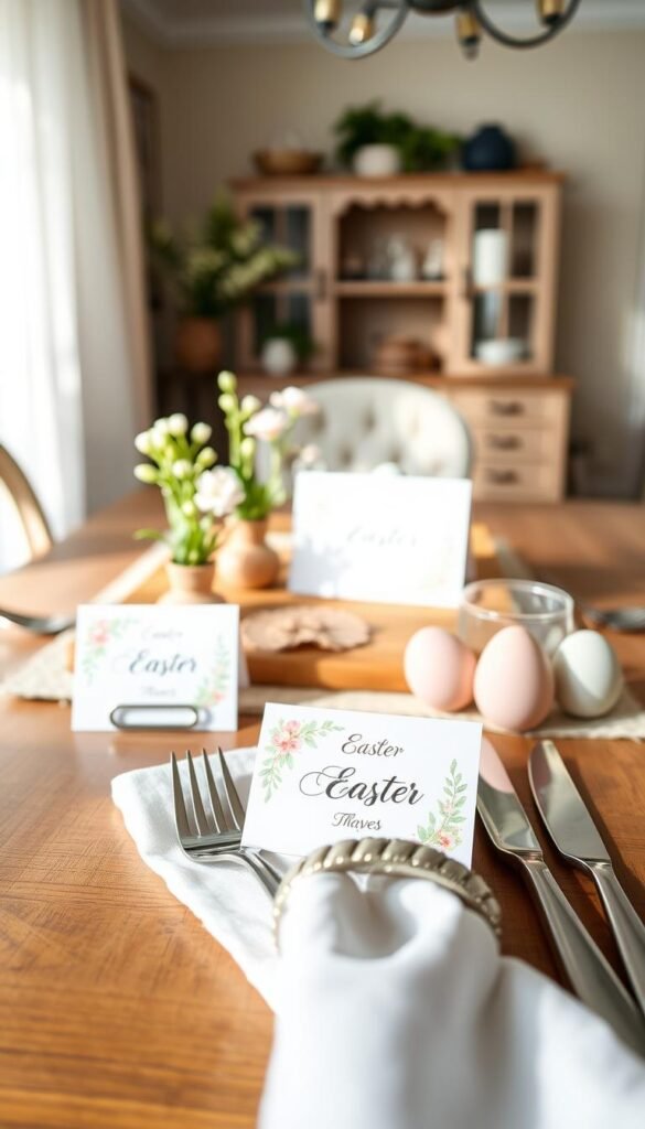 A beautifully arranged Easter table setting, showcasing elegant printable place cards and matching napkin rings. In the foreground, a delicate place card with pastel colors and floral designs rests on a white linen napkin, while a coordinating napkin ring encircles a fork and knife. In the middle ground, a tasteful, rustic wooden table is adorned with small potted spring flowers and decorative eggs in soft hues. The background features a cozy, light-filled dining area, with light streaming through sheer curtains, enhancing a warm and welcoming atmosphere. The lighting is soft and natural, creating a serene vibe. Capture this scene with a shallow depth of field to highlight the details of the table decor. Inspired by the brand "CozyTrendHub", the overall style is modern and inviting, perfect for contemporary homes. A beautifully arranged Easter table setting, showcasing elegant printable place cards and matching napkin rings. In the foreground, a delicate place card with pastel colors and floral designs rests on a white linen napkin, while a coordinating napkin ring encircles a fork and knife. In the middle ground, a tasteful, rustic wooden table is adorned with small potted spring flowers and decorative eggs in soft hues. The background features a cozy, light-filled dining area, with light streaming through sheer curtains, enhancing a warm and welcoming atmosphere. The lighting is soft and natural, creating a serene vibe. Capture this scene with a shallow depth of field to highlight the details of the table decor. Inspired by the brand "CozyTrendHub", the overall style is modern and inviting, perfect for contemporary homes.