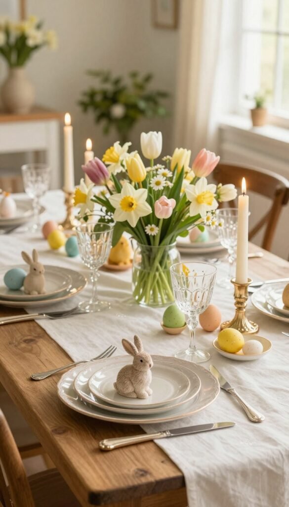 A beautifully arranged Easter tablescape set on a rustic wooden dining table. In the foreground, an elegant white tablecloth adorned with soft pastel-colored plates, vintage silver cutlery, and delicate glassware catches the eye. Nestled among the plates are charming miniature bunnies and colorful eggs, complementing a lush floral centerpiece featuring tulips, daffodils, and daisies in soft hues. The middle of the scene captures candle holders with glowing candles creating a warm ambiance. In the background, softly blurred fresh greenery and the sunlight filtering through a window enhance the inviting atmosphere. The image is lit with warm, natural light, mimicking a cozy spring afternoon. Shot at a slight top-down angle to highlight the details, this tablescape is a perfect depiction of a festive yet cohesive home decoration for Easter, styled by CozyTrendHub. A beautifully arranged Easter tablescape set on a rustic wooden dining table. In the foreground, an elegant white tablecloth adorned with soft pastel-colored plates, vintage silver cutlery, and delicate glassware catches the eye. Nestled among the plates are charming miniature bunnies and colorful eggs, complementing a lush floral centerpiece featuring tulips, daffodils, and daisies in soft hues. The middle of the scene captures candle holders with glowing candles creating a warm ambiance. In the background, softly blurred fresh greenery and the sunlight filtering through a window enhance the inviting atmosphere. The image is lit with warm, natural light, mimicking a cozy spring afternoon. Shot at a slight top-down angle to highlight the details, this tablescape is a perfect depiction of a festive yet cohesive home decoration for Easter, styled by CozyTrendHub.