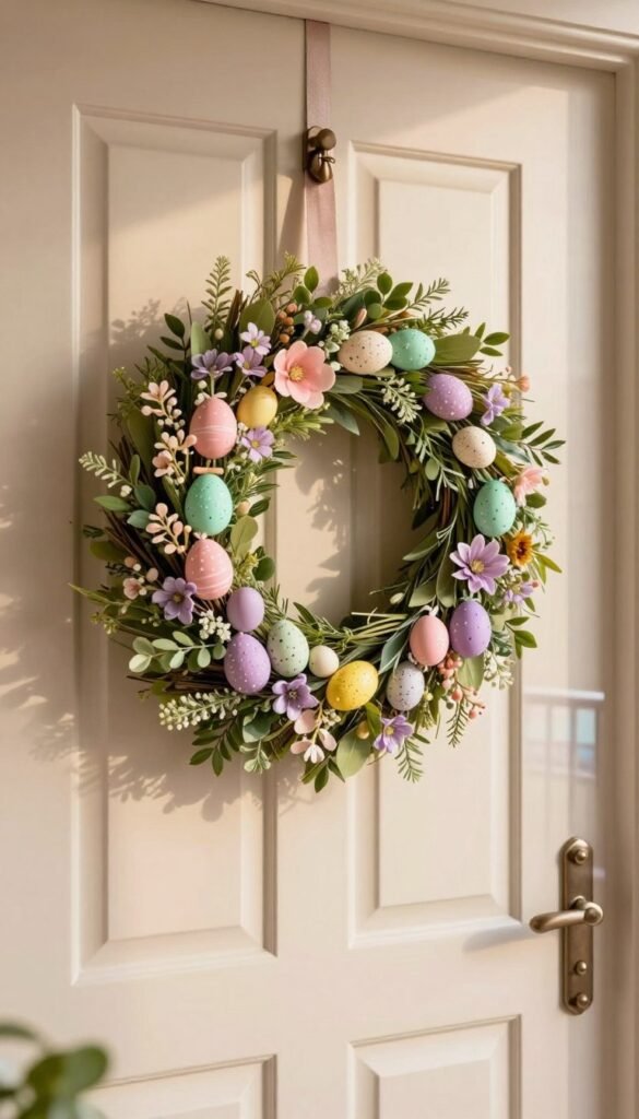 A beautifully arranged Easter wreath hangs prominently on a modern apartment door, crafted from delicate pastel flowers, lush greenery, and whimsical decorative eggs. In the foreground, the wreath showcases intricate details, emphasizing soft hues of pink, lavender, and mint green. The middle section captures the elegant door, freshly painted in a warm, inviting shade, adorned with a stylish door knocker. In the background, hints of a cozy apartment balcony and cityscape can be seen softly blurred. The lighting is warm and gentle, suggesting a sunny spring afternoon, creating an uplifting and cheerful atmosphere. The image reflects a modern, fresh take on Easter decor, perfect for inspiring stylish seasonal home aesthetics. Inspired by CozyTrendHub.