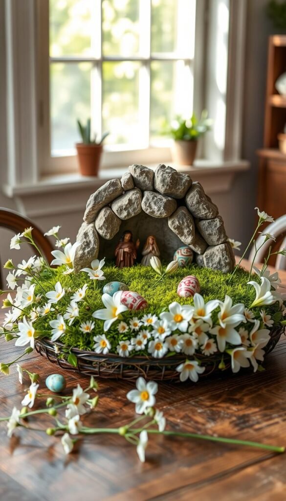 A beautifully arranged Resurrection Garden centerpiece that symbolizes hope and renewal. In the foreground, delicate white flowers such as lilies and daisies surround a small stone cave made from natural materials, representing the tomb, with tiny figurines of the Holy Family. The middle layer features a vibrant green moss base, interspersed with colorful Easter eggs decorated with intricate patterns. In the background, soft natural light filters through a window, casting gentle shadows, while a rustic wooden table sets a warm homey atmosphere. The image exudes a peaceful and contemplative mood, perfect for a meaningful Easter decor theme. Style it to reflect CozyTrendHub's aesthetic, ensuring a cohesive Pinterest-worthy look.