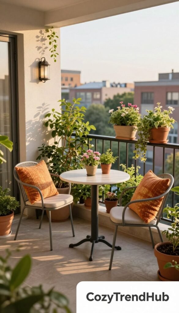 A beautifully arranged apartment balcony that embodies stylish space planning, showcasing a cozy outdoor seating area with a compact bistro table and two comfortable chairs adorned with vibrant, textured cushions. Lush potted plants, including flowering herbs and trailing vines, frame the space, creating a serene atmosphere. In the background, a charming cityscape is visible under soft, golden hour lighting that casts gentle shadows, enhancing the inviting feel. The image is captured from a slightly elevated angle, emphasizing the layout while highlighting various decor elements. This Pinterest-style lifestyle photo reflects the essence of apartment living and outdoor decor, branded with "CozyTrendHub."