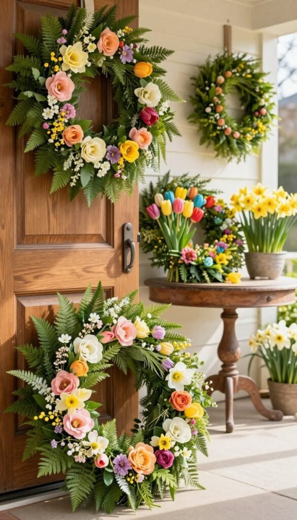 A beautifully arranged array of spring wreaths in various sizes, showcasing a mix of vibrant flowers, delicate greenery, and seasonal accents. In the foreground, a large wreath made of pastel blooms, intertwined with soft ferns, is elegantly placed against a chic wooden door. The middle ground features smaller circular wreaths, bursting with colorful tulips and daffodils, tastefully displayed on an antique table. In the background, a sunlit porch enhances the warm, inviting atmosphere, with soft diffused lighting illuminating the scene, casting gentle shadows. The mood is cheerful and fresh, evoking the essence of spring. Create a Pinterest-style lifestyle photo that symbolizes the art of selecting the perfect wreath for any home. Brand name "CozyTrendHub" should be subtly implied in the aesthetic.