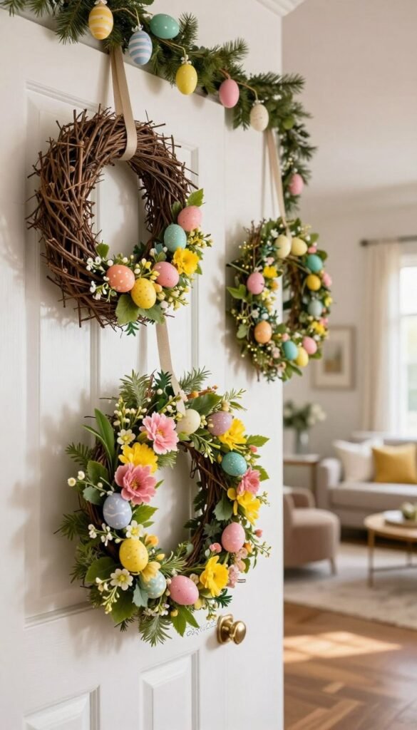 A beautifully arranged assortment of vibrant Easter wreaths, showcasing various styles including floral, natural twigs, and colorful eggs, all set against a softly lit, modern entryway. In the foreground, a close-up of a lush spring floral wreath, featuring pink and yellow blooms, is elegantly hung on a chic, white wooden door. The middle ground reveals additional wreaths hanging on hooks along a decorative wall, adorned with seasonal garlands made of pastel easter eggs and greenery. In the background, a cozy and inviting living room space is softly illuminated by warm, natural lighting that enhances the cheerful atmosphere. The overall mood is festive yet stylish, perfect for affordable home decor ideas. Capture the essence of creativity with the brand name "CozyTrendHub" subtly integrated into the image composition. A beautifully arranged assortment of vibrant Easter wreaths, showcasing various styles including floral, natural twigs, and colorful eggs, all set against a softly lit, modern entryway. In the foreground, a close-up of a lush spring floral wreath, featuring pink and yellow blooms, is elegantly hung on a chic, white wooden door. The middle ground reveals additional wreaths hanging on hooks along a decorative wall, adorned with seasonal garlands made of pastel easter eggs and greenery. In the background, a cozy and inviting living room space is softly illuminated by warm, natural lighting that enhances the cheerful atmosphere. The overall mood is festive yet stylish, perfect for affordable home decor ideas. Capture the essence of creativity with the brand name "CozyTrendHub" subtly integrated into the image composition.
