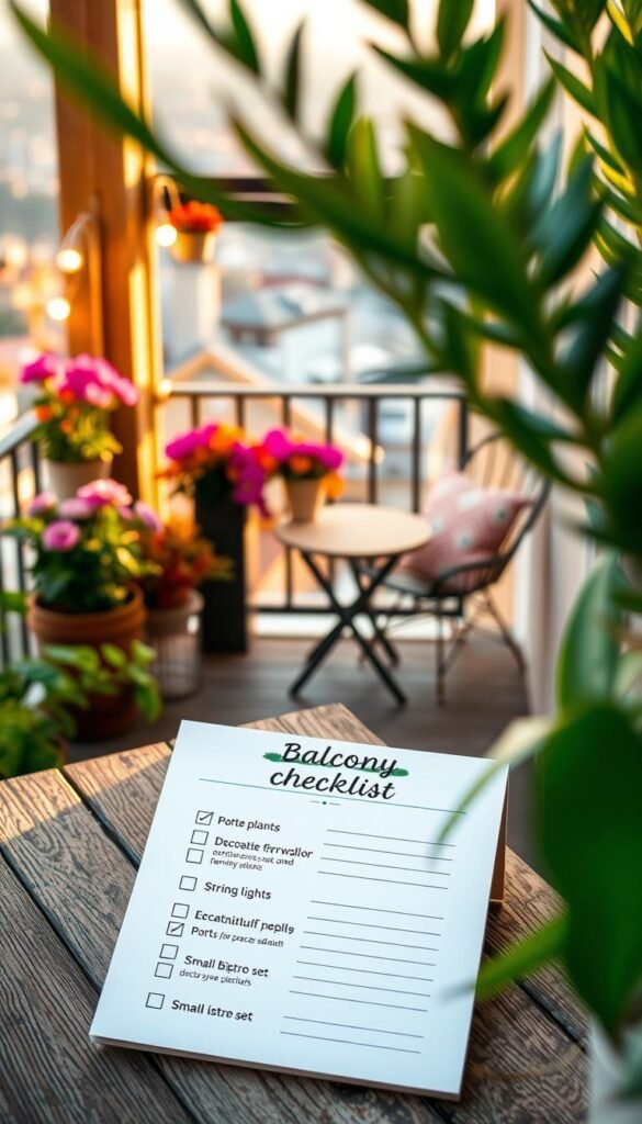 A beautifully arranged balcony checklist displayed on a rustic wooden table, emphasizing small-space decor. In the foreground, a stylish checklist with items like potted plants, decorative throw pillows, string lights, and a small bistro set, each illustrated with chic icons. The middle ground features a cozy balcony setting adorned with vibrant flowers, an inviting chair, and a small table, all bathed in warm, golden afternoon light. The background reveals a cityscape, slightly blurred, to hint at urban living, while soft green plants frame the scene. The overall mood is inviting and serene, perfect for a Pinterest-style lifestyle photo inspired by CozyTrendHub, capturing the essence of stylish small-space decoration.