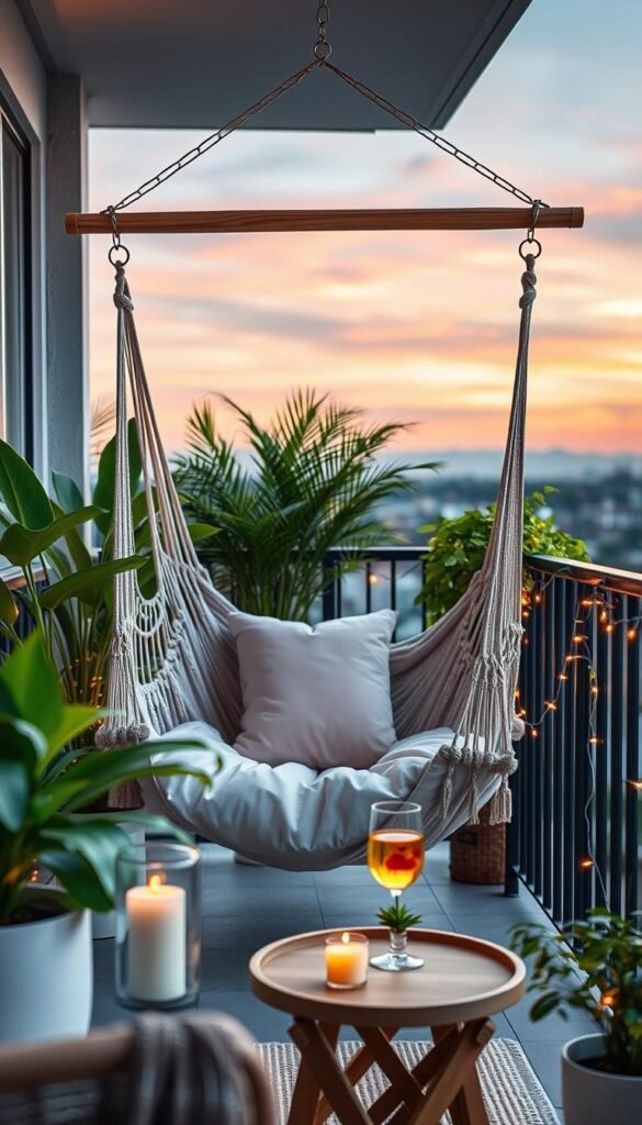 A beautifully arranged balcony scene featuring a stylish hanging hammock frame made of natural wood, set against a backdrop of lush green potted plants and soft pastel cushions for comfort. The hammock is gently swaying, inviting relaxation. In the foreground, showcase a small side table adorned with an aromatic candle and a refreshing drink, enhancing the tranquil atmosphere. The middle ground includes decorative fairy lights draped around the balcony railing, casting a warm, inviting glow. The background reveals a serene sky with hints of sunset colors, creating a peaceful ambiance. Use soft, natural lighting to highlight the textures of the hammock and the plants. This cozy setup embodies the essence of relaxation and outdoor comfort, captured in a Pinterest-style aesthetic, bringing out the brand name, "CozyTrendHub."