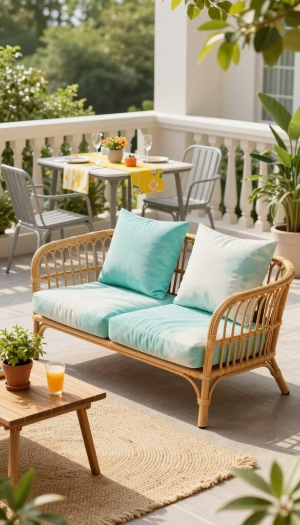 A beautifully arranged balcony scene showcasing outdoor furniture ideal for summer, featuring a stylish, weather-resistant rattan sofa with plush, sun-fade resistant cushions in shades of turquoise and white. In the foreground, a wooden side table holds a vibrant potted plant and a refreshing drink, while a cozy woven rug adds warmth underfoot. The middle ground displays a compact dining set with sleek metal chairs and a small table, topped with a bright table runner and summery decorations. In the background, lush greenery creates a tranquil atmosphere, kissed by soft, dappled sunlight filtering through leaves. The overall mood evokes a relaxed summer vibe, perfect for small spaces, illustrated in a realistic, Pinterest-style with attention to practical yet chic outdoor living elements. CozyTrendHub.