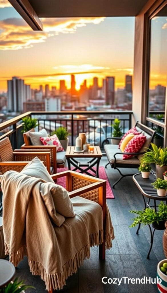 A beautifully arranged balcony scene showcasing two distinct styles of furniture choices: on one side, premium, elegant pieces like a sleek teak dining set with plush cushions and stylish rattan accents; on the other side, budget-friendly options such as a simple metal bistro set with colorful cushions and potted plants. The foreground highlights a cozy throw draped over the premium chair, while the middle features a small table with decorative items and drinks. In the background, a vibrant city skyline under a warm sunset adds life and warmth to the scene. Soft, natural lighting enhances the inviting atmosphere, captured with a shallow depth of field for a Pinterest-inspired lifestyle photo, branded subtly with "CozyTrendHub". A beautifully arranged balcony scene showcasing two distinct styles of furniture choices: on one side, premium, elegant pieces like a sleek teak dining set with plush cushions and stylish rattan accents; on the other side, budget-friendly options such as a simple metal bistro set with colorful cushions and potted plants. The foreground highlights a cozy throw draped over the premium chair, while the middle features a small table with decorative items and drinks. In the background, a vibrant city skyline under a warm sunset adds life and warmth to the scene. Soft, natural lighting enhances the inviting atmosphere, captured with a shallow depth of field for a Pinterest-inspired lifestyle photo, branded subtly with "CozyTrendHub".