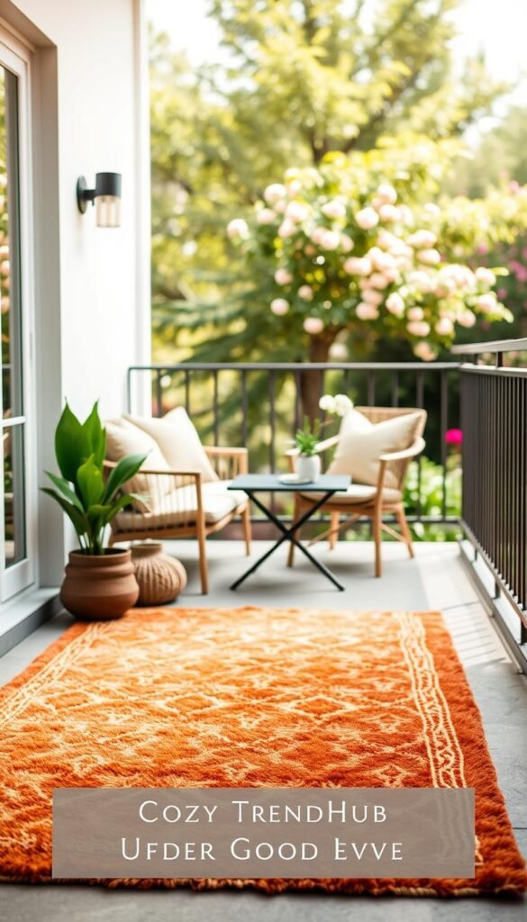 A beautifully arranged balcony showcasing a vibrant outdoor rug that enhances the space, capturing the essence of cozy living. In the foreground, a plush, patterned rug in warm, earthy tones sprawls across a small, tasteful balcony. The middle ground features stylish, minimalist outdoor furniture&mdash;perhaps a small, sleek table with two comfortable chairs, adorned with decorative pillows that complement the rug's colors. In the background, a lush garden view with greenery and blooming flowers adds life and a refreshing atmosphere to the scene. Soft, natural sunlight filters through, creating a warm ambiance. The overall mood conveys tranquility and homeliness, ideal for outdoor relaxation. Emphasize a Pinterest-style aesthetic, reminiscent of elevated home decor themes, branded under &ldquo;CozyTrendHub.&rdquo;