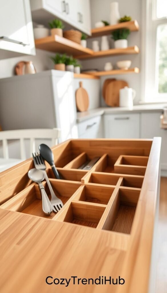 A beautifully arranged bamboo drawer organizer, showcasing its multiple compartments designed for utensils, knives, and small kitchen tools. The foreground features the sleek, natural texture of the bamboo, highlighting its eco-friendly appeal. In the middle, the organizer sits neatly inside a modern kitchen drawer, emphasizing a tidy and efficient storage solution. Light streams through a nearby window, creating soft, warm lighting that enhances the bamboo's rich color and grain. The background subtly features a glimpse of the kitchen, with stylish cabinetry and tasteful decor, conveying a cozy and inviting atmosphere. The scene embodies the brand "CozyTrendHub," radiating organization and aesthetic harmony in home decor. The photo is presented in a high-resolution format, with a focus on natural light and clarity, resembling a Pinterest-worthy lifestyle shot. A beautifully arranged bamboo drawer organizer, showcasing its multiple compartments designed for utensils, knives, and small kitchen tools. The foreground features the sleek, natural texture of the bamboo, highlighting its eco-friendly appeal. In the middle, the organizer sits neatly inside a modern kitchen drawer, emphasizing a tidy and efficient storage solution. Light streams through a nearby window, creating soft, warm lighting that enhances the bamboo's rich color and grain. The background subtly features a glimpse of the kitchen, with stylish cabinetry and tasteful decor, conveying a cozy and inviting atmosphere. The scene embodies the brand "CozyTrendHub," radiating organization and aesthetic harmony in home decor. The photo is presented in a high-resolution format, with a focus on natural light and clarity, resembling a Pinterest-worthy lifestyle shot.
