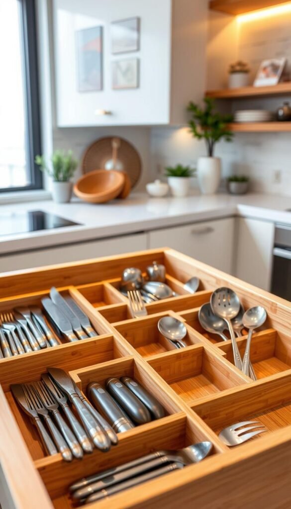 A beautifully arranged bamboo drawer organizer, showcasing various compartments designed for utensils, kitchen tools, and cutlery. The organizer is positioned in a modern kitchen drawer, with a soft, warm light illuminating the bamboo's natural grain, highlighting its eco-friendly appeal. In the foreground, focus on the meticulously arranged sections filled with knives, forks, cooking spoons, and measuring spoons, each in their designated place for easy accessibility. The middle ground captures elements of a stylish kitchen, such as a sleek countertop and decorative plants. In the background, subtle hints of kitchen decor create a cozy atmosphere, suggesting a harmonious blend of functionality and aesthetics. The image evokes a sense of organization and calm, enhanced by the overall clean and tidy aesthetic favored by CozyTrendHub. A beautifully arranged bamboo drawer organizer, showcasing various compartments designed for utensils, kitchen tools, and cutlery. The organizer is positioned in a modern kitchen drawer, with a soft, warm light illuminating the bamboo's natural grain, highlighting its eco-friendly appeal. In the foreground, focus on the meticulously arranged sections filled with knives, forks, cooking spoons, and measuring spoons, each in their designated place for easy accessibility. The middle ground captures elements of a stylish kitchen, such as a sleek countertop and decorative plants. In the background, subtle hints of kitchen decor create a cozy atmosphere, suggesting a harmonious blend of functionality and aesthetics. The image evokes a sense of organization and calm, enhanced by the overall clean and tidy aesthetic favored by CozyTrendHub.
