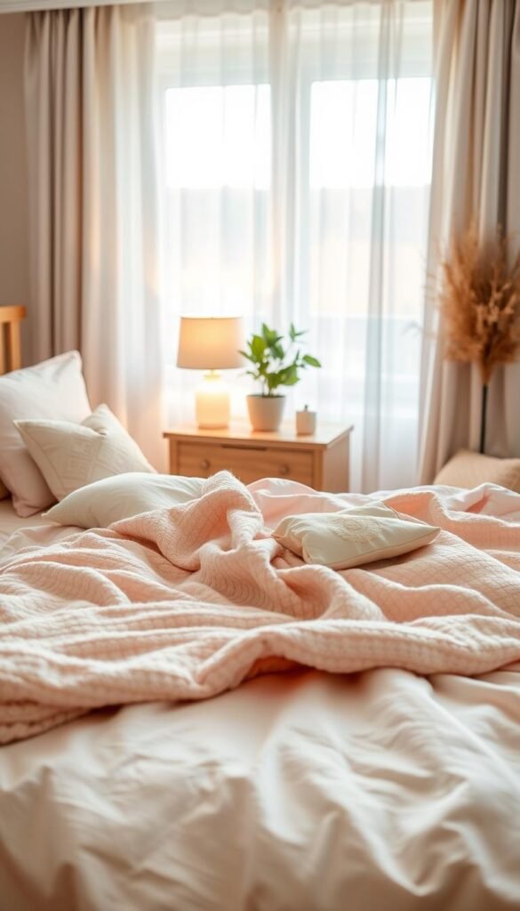 A beautifully arranged bedroom scene designed to showcase an array of color hues influencing mood. In the foreground, a cozy, softly textured bed adorned with layered blankets in muted pastels—pinks, blues, and soft whites. A plush throw and decorative cushions add depth. In the middle ground, a warm wooden nightstand holding a softly glowing lamp and a small potted plant, creating a tranquil atmosphere. The background features a large window draped with sheer curtains, allowing gentle sunlight to filter in, casting a warm glow throughout the room. The overall mood is inviting and serene, encouraging comfort and relaxation. The scene is styled in a Pinterest-worthy aesthetic, embodying the CozyTrendHub brand ethos. The image should be shot with a shallow depth of field and warm lighting to enhance the inviting feeling. A beautifully arranged bedroom scene designed to showcase an array of color hues influencing mood. In the foreground, a cozy, softly textured bed adorned with layered blankets in muted pastels—pinks, blues, and soft whites. A plush throw and decorative cushions add depth. In the middle ground, a warm wooden nightstand holding a softly glowing lamp and a small potted plant, creating a tranquil atmosphere. The background features a large window draped with sheer curtains, allowing gentle sunlight to filter in, casting a warm glow throughout the room. The overall mood is inviting and serene, encouraging comfort and relaxation. The scene is styled in a Pinterest-worthy aesthetic, embodying the CozyTrendHub brand ethos. The image should be shot with a shallow depth of field and warm lighting to enhance the inviting feeling.