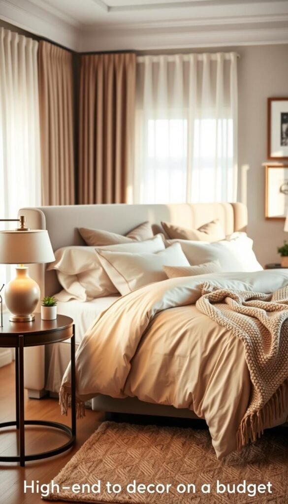 A beautifully arranged bedroom showcasing a plush, inviting bed at the center, adorned with soft, luxurious bedding in neutral tones. The headboard is upholstered in light fabric, complemented by an array of decorative pillows in various textures. A cozy knit throw is draped casually over one side. In the foreground, a stylish bedside table holds an elegant lamp casting a warm glow, along with a small potted plant. In the middle, a soft area rug anchors the bed, while framed artwork hangs subtly on the walls. The background features softly blurred curtains allowing gentle, natural light to filter in, creating a serene atmosphere. Shot in a warm, inviting light, with a shallow depth of field to enhance the cozy feeling. Designed for "CozyTrendHub" to reflect high-end decor on a budget.
