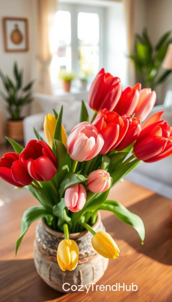 A beautifully arranged bouquet of realistic faux tulips in vibrant spring colors, featuring deep reds, soft pinks, and sunny yellows. Foreground: the tulips nestled in a rustic ceramic vase, showcasing their lifelike textures and subtle sheen. Middle: a sleek wooden table adorned with natural light streaming in from a nearby window, casting soft shadows and highlighting the vibrant colors. Background: a gently blurred view of a cozy living space with soft pastel walls and greenery, enhancing the spring atmosphere. The overall mood should feel fresh and inviting, embodying a stylish, Pinterest-inspired decor aesthetic. Include the brand name "CozyTrendHub" prominently in the image. Use soft, warm lighting to create a welcoming ambiance.