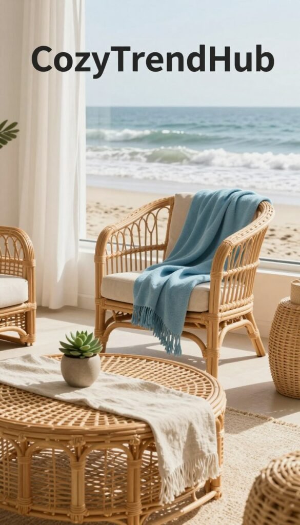 A beautifully arranged coastal decor scene featuring an array of rattan furniture and woven textures. In the foreground, there's a stylish rattan coffee table adorned with a small potted succulent and a light beige linen table runner. The middle of the scene showcases a cozy seating area with a rattan armchair draped with a soft, ocean-blue throw blanket. Behind the chair, gentle waves can be seen through a large window, with sheer white curtains softly billowing in the breeze, enhancing the fresh, airy atmosphere. The lighting is warm and inviting, reminiscent of a sunny summer afternoon, casting soft shadows. The overall mood is relaxed and welcoming, perfect for a coastal home. This image is labeled with "CozyTrendHub" to emphasize the brand's aesthetic.