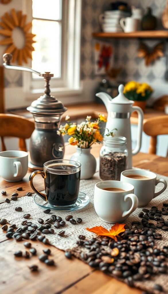 A beautifully arranged coffee station in a cozy kitchen setting, featuring a rustic wooden table with a vintage coffee grinder, an elegant ceramic coffee pot, and stylish mugs, all emitting warmth. The foreground showcases a soft woven table runner and fragrant coffee beans scattered artfully. In the middle, a steaming cup of coffee sits alongside an open jar of homemade cocoa mix and a small vase of fresh flowers. The background reveals soft, golden lighting pouring in from a nearby window, illuminating the space. The mood is inviting and warm, perfect for a peaceful morning routine. A subtle hint of autumn decor with a few colorful leaves enhances the seasonal theme. Create a lifestyle photo that embodies comfort and makes everyday life feel special. CozyTrendHub.