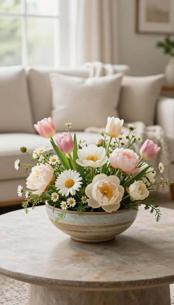A beautifully arranged coffee table bowl as the centerpiece, showcasing an array of vibrant spring flowers like tulips, daisies, and peonies in soft pastel tones. The bowl is a rustic ceramic piece with a gentle glaze, surrounded by delicate greenery. Foreground features the bowl filled with flowers, while the middle ground is a cozy living room setting, complete with a plush sofa and a textured throw blanket. The background shows soft, natural light filtering through a large window, creating a warm and inviting atmosphere. Captured with a wide-angle lens at a slight angle to emphasize depth, this scene embodies the essence of spring decor. Ideal for CozyTrendHub's aesthetic, showcasing the perfect floral touch for living rooms.