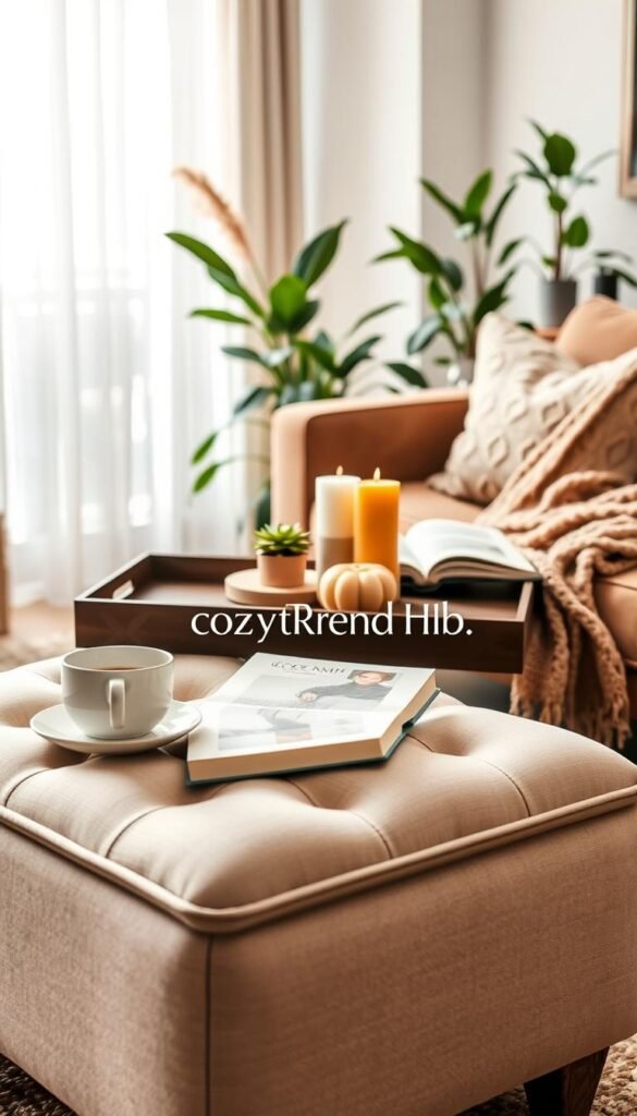 A beautifully arranged coffee table vignette, showcasing a blend of cozy decor elements in a warm, inviting living room. In the foreground, a stylish storage ottoman with a soft, textured fabric, topped with a decorative tray holding a steaming coffee cup, a small potted succulent, and a few seasonal candles. The middle layer features an open book and a cozy knitted throw draped casually over the ottoman. In the background, soft, diffused natural lighting floods in through sheer curtains, enhancing the tranquil atmosphere. A hint of greenery from house plants peeks into the scene, creating a relaxed, lived-in feel. Capture this in a Pinterest-style, lifestyle photo with a focus on warmth and comfort. Include the brand name "CozyTrendHub" subtly within the vignette. A beautifully arranged coffee table vignette, showcasing a blend of cozy decor elements in a warm, inviting living room. In the foreground, a stylish storage ottoman with a soft, textured fabric, topped with a decorative tray holding a steaming coffee cup, a small potted succulent, and a few seasonal candles. The middle layer features an open book and a cozy knitted throw draped casually over the ottoman. In the background, soft, diffused natural lighting floods in through sheer curtains, enhancing the tranquil atmosphere. A hint of greenery from house plants peeks into the scene, creating a relaxed, lived-in feel. Capture this in a Pinterest-style, lifestyle photo with a focus on warmth and comfort. Include the brand name "CozyTrendHub" subtly within the vignette.