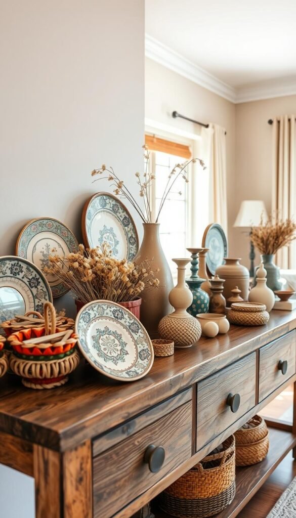 A beautifully arranged collection display on a rustic wooden console table, featuring an assortment of decorative plates, woven baskets, and unique decorative objects. The foreground showcases an elegant plate with intricate designs, surrounded by small, colorful baskets filled with dried flowers. In the middle, a vintage ceramic vase adds height and interest, while a variety of textured objects provide depth. In the background, a softly lit room with neutral-toned walls enhances the cozy atmosphere, complemented by natural light streaming in through a nearby window. The image should evoke a warm, inviting, and stylish home decor vibe, reflecting the essence of CozyTrendHub. Use a soft focus with a slight depth of field to emphasize the display, with a warm color palette and gentle shadows to create a serene mood. A beautifully arranged collection display on a rustic wooden console table, featuring an assortment of decorative plates, woven baskets, and unique decorative objects. The foreground showcases an elegant plate with intricate designs, surrounded by small, colorful baskets filled with dried flowers. In the middle, a vintage ceramic vase adds height and interest, while a variety of textured objects provide depth. In the background, a softly lit room with neutral-toned walls enhances the cozy atmosphere, complemented by natural light streaming in through a nearby window. The image should evoke a warm, inviting, and stylish home decor vibe, reflecting the essence of CozyTrendHub. Use a soft focus with a slight depth of field to emphasize the display, with a warm color palette and gentle shadows to create a serene mood.