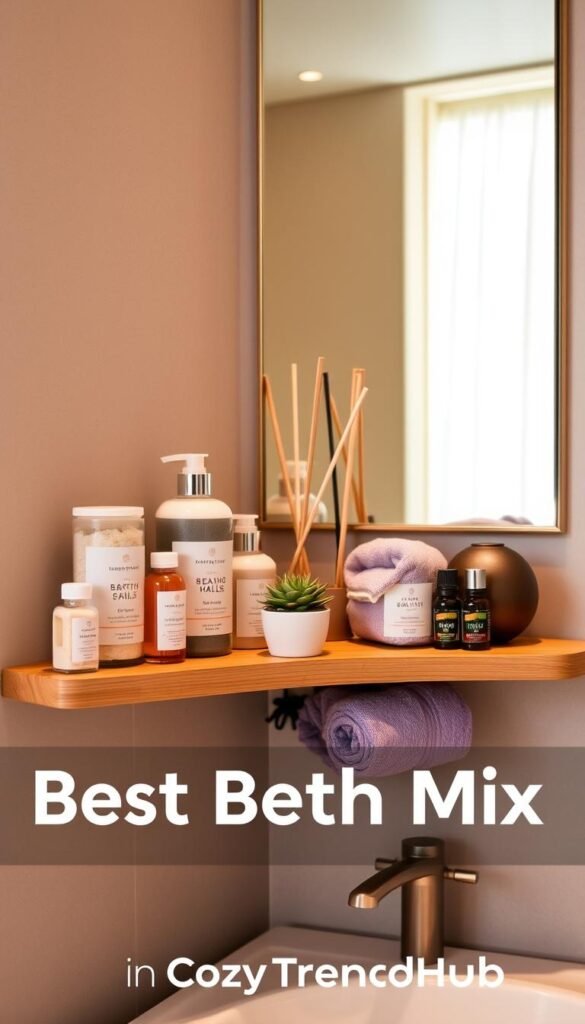 A beautifully arranged collection of best bath mix products displayed on a sleek, minimalist wooden shelf in a small bathroom setting. Foreground features an array of colorful bath salts, bubble bath bottles, and essential oil diffusers in soft pastel shades. The middle ground showcases a small succulent plant and a neatly folded lavender towel, adding a touch of comfort. Background consists of a stylish mirror reflecting calming, warm lighting that enhances the cozy ambiance. The decor is modern with subtle earth tones and a hint of greenery. The overall atmosphere is serene and inviting, perfect for a small sanctuary. The brand name "CozyTrendHub" is subtly represented in the product design. The image captures the essence of organization in a cozy bathroom space, ideal for lifestyle inspiration. A beautifully arranged collection of best bath mix products displayed on a sleek, minimalist wooden shelf in a small bathroom setting. Foreground features an array of colorful bath salts, bubble bath bottles, and essential oil diffusers in soft pastel shades. The middle ground showcases a small succulent plant and a neatly folded lavender towel, adding a touch of comfort. Background consists of a stylish mirror reflecting calming, warm lighting that enhances the cozy ambiance. The decor is modern with subtle earth tones and a hint of greenery. The overall atmosphere is serene and inviting, perfect for a small sanctuary. The brand name "CozyTrendHub" is subtly represented in the product design. The image captures the essence of organization in a cozy bathroom space, ideal for lifestyle inspiration.