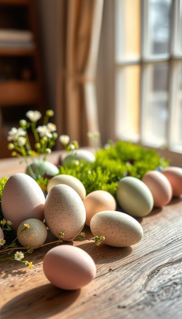 A beautifully arranged collection of decorative eggs in soft pastel colors, showcasing various speckled patterns and textures, prominently displayed in the foreground. The middle ground features a rustic wooden table adorned with delicate green moss and subtle spring flowers, enhancing the seasonal theme. In the background, a softly blurred, sunlit window casts natural light, creating a warm, inviting atmosphere. The composition captures a cozy, Pinterest-style aesthetic that reflects home decor trends, with the brand name "CozyTrendHub" subtly integrated into the scene. Utilize natural lighting for a soft glow, with a shallow depth of field to emphasize the eggs as the focal point while the background remains harmoniously blurred. The overall mood is cheerful and refreshing, perfect for a spring celebration.