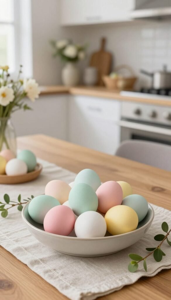 A beautifully arranged collection of eggs in soft pastel colors, set against a clean, modern kitchen backdrop. In the foreground, a mix of decorative eggs in shades of mint green, blush pink, and soft yellow are artfully displayed in a simple, elegant ceramic bowl, complemented by fresh sprigs of greenery. The middle of the image features a warm wooden dining table topped with a delicate linen table runner, creating a cozy atmosphere. In the background, soft, diffused natural light filters through a window, highlighting chic, minimalistic Easter decorations like subtle floral arrangements and tastefully chosen ornaments. The overall mood is warm and inviting, perfect for a family-friendly yet sophisticated Easter decor. This image captures the essence of modern styling for a celebration without overwhelming visuals. Styled by CozyTrendHub.