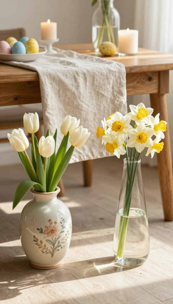A beautifully arranged collection of elegant vases in various shapes and sizes, perfect for Easter table decorations. In the foreground, showcase a pastel-colored ceramic vase with delicate floral patterns, filled with fresh spring blooms like tulips and daffodils. The middle ground features a tapered glass vase with a simple, modern design, reflecting soft sunlight that highlights its contours. The background showcases a rustic wooden table draped with a light linen tablecloth, adorned with Easter-themed accents, such as painted eggs and soft candles. The scene is bathed in warm, natural lighting that creates an inviting, cozy atmosphere, reminiscent of a welcoming home setting. Emphasize a Pinterest-style lifestyle aesthetic and ensure the branding "CozyTrendHub" subtly blends into the decor. A beautifully arranged collection of elegant vases in various shapes and sizes, perfect for Easter table decorations. In the foreground, showcase a pastel-colored ceramic vase with delicate floral patterns, filled with fresh spring blooms like tulips and daffodils. The middle ground features a tapered glass vase with a simple, modern design, reflecting soft sunlight that highlights its contours. The background showcases a rustic wooden table draped with a light linen tablecloth, adorned with Easter-themed accents, such as painted eggs and soft candles. The scene is bathed in warm, natural lighting that creates an inviting, cozy atmosphere, reminiscent of a welcoming home setting. Emphasize a Pinterest-style lifestyle aesthetic and ensure the branding "CozyTrendHub" subtly blends into the decor.